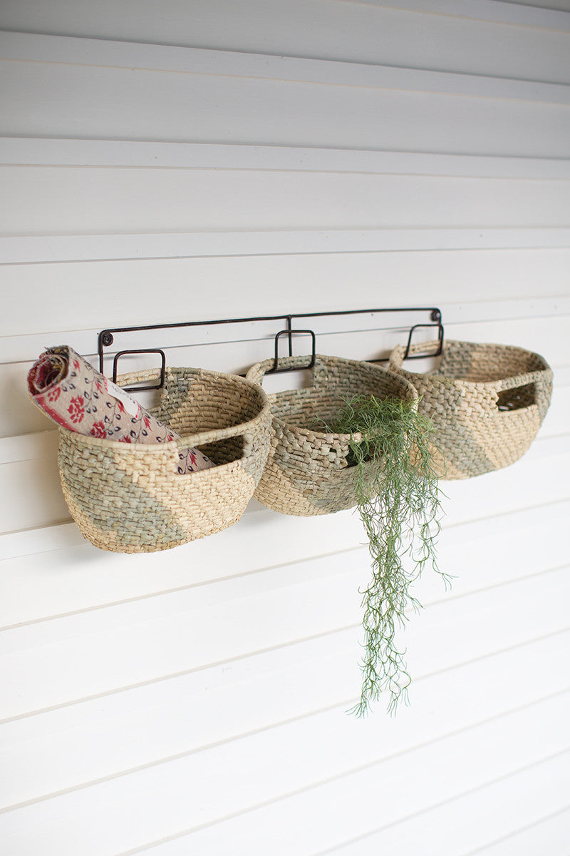 Set of 3 Hanging Woven Seagrass Baskets on Recycled Metal Frame