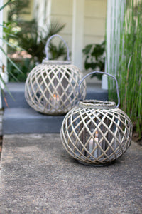 Low Round Grey Willow Lantern with Glass \ Large