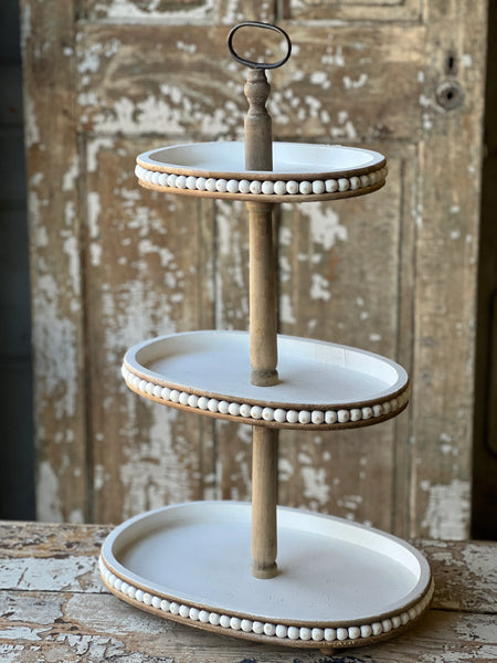 Beaded Tiered Pedestal | 17.75" | White Wash