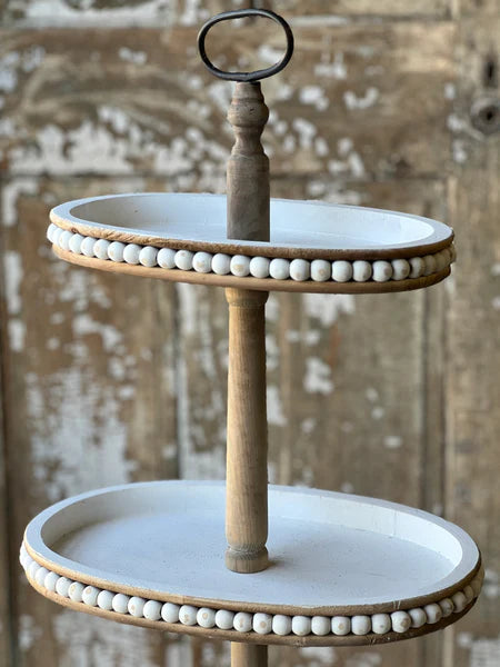 Beaded Tiered Pedestal | 17.75" | White Wash